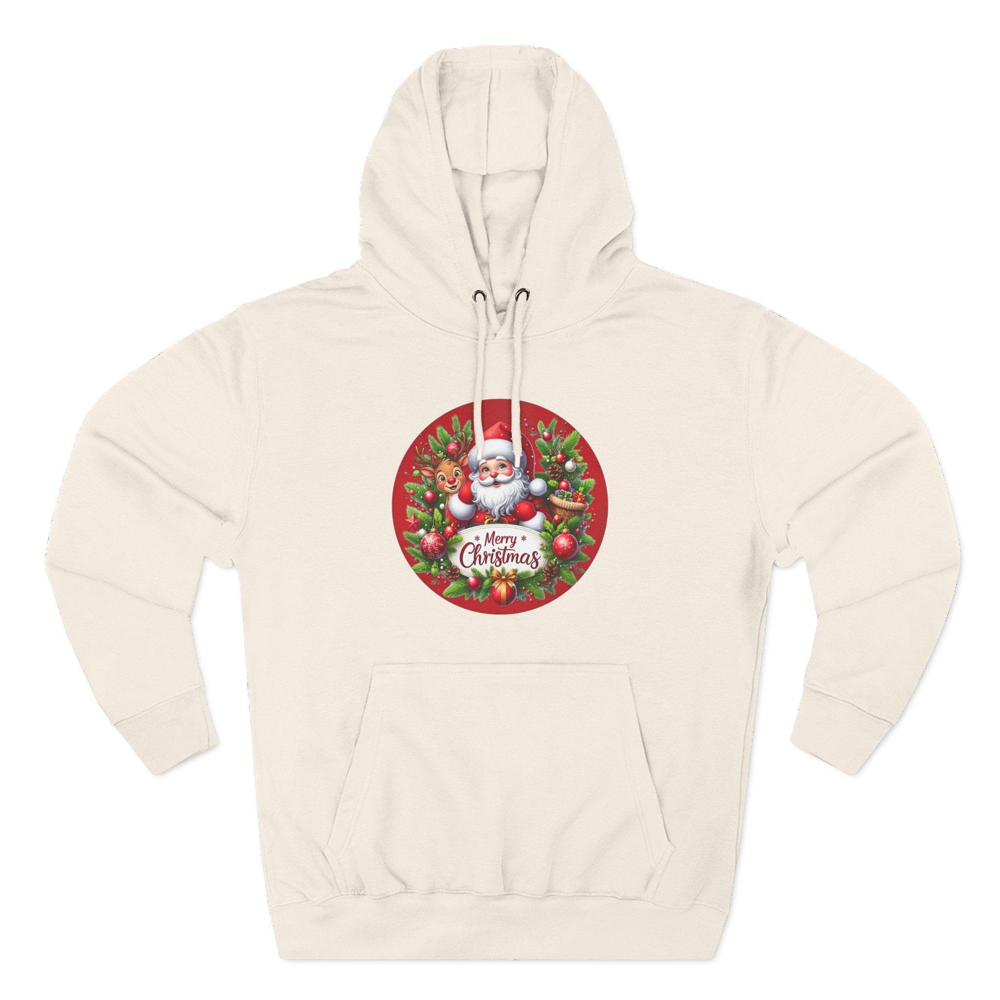 Santa & Reindeer Merry Christmas Wreath Hoodie, shown in Sandshell