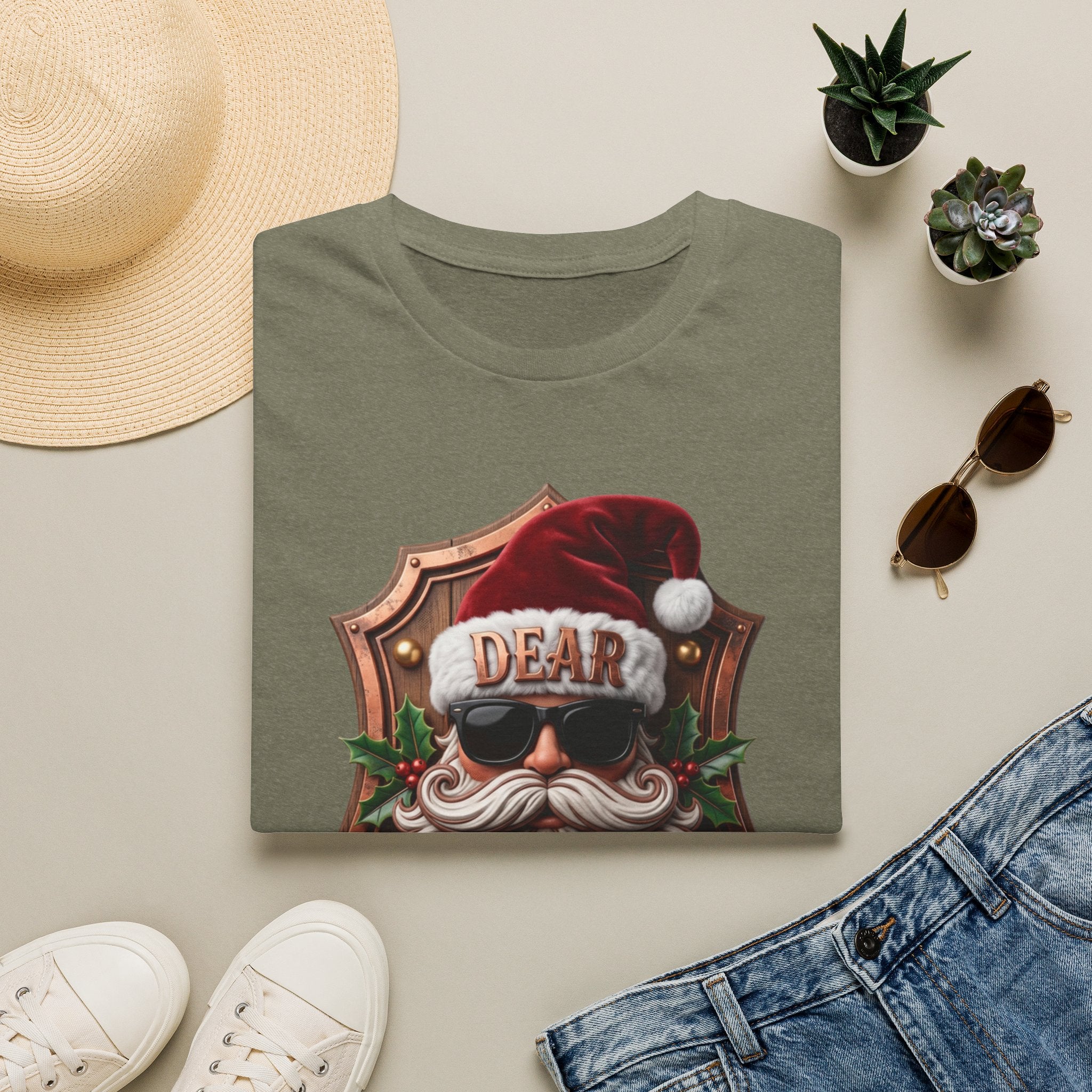 Dear Santa I Can Explain Sunglasses Crest print on a Heather Military Green t-shirt, folded beside a straw hat and jeans