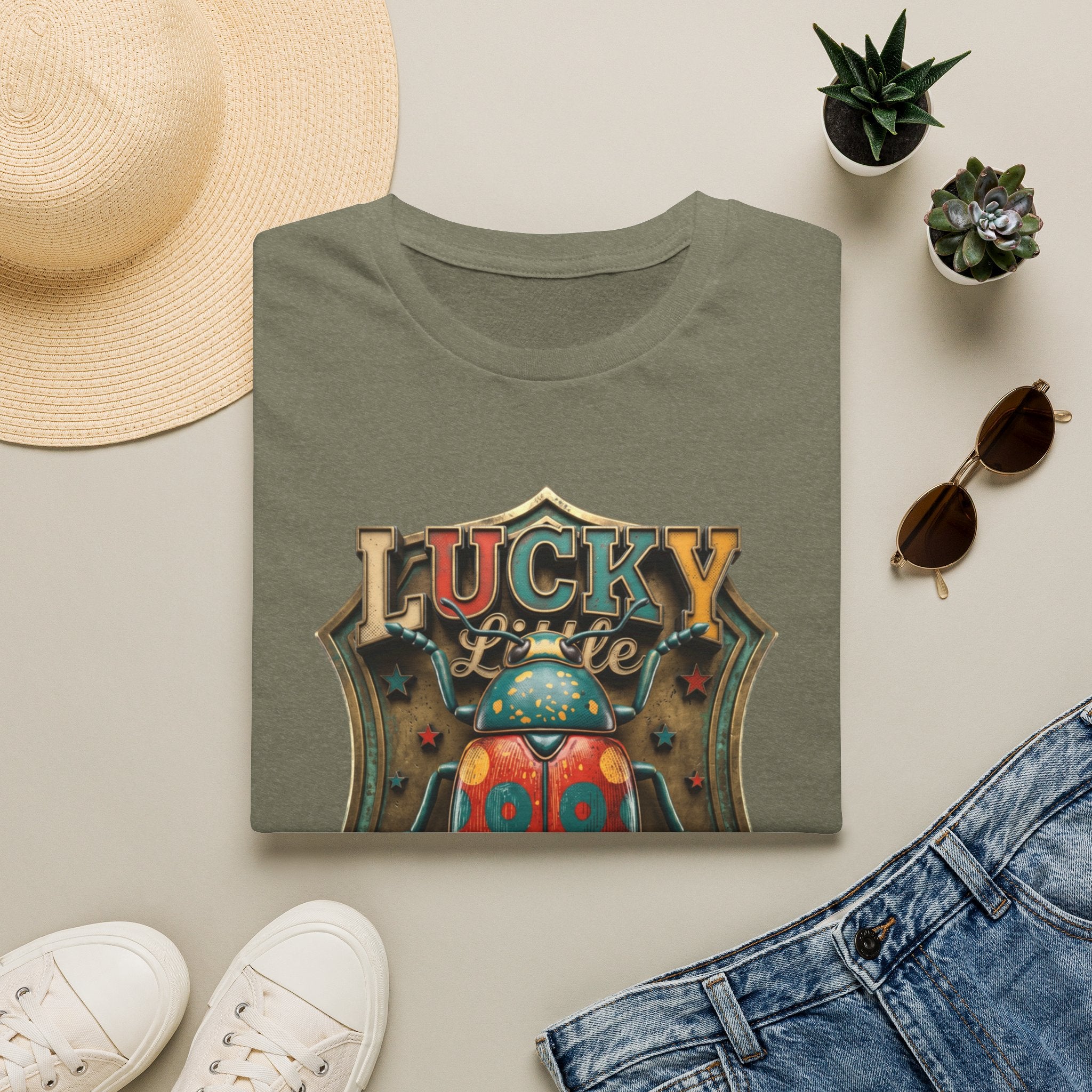 Lucky Little Bugger Vintage Beetle print on a Heather Military Green t-shirt, folded beside a straw hat and jeans