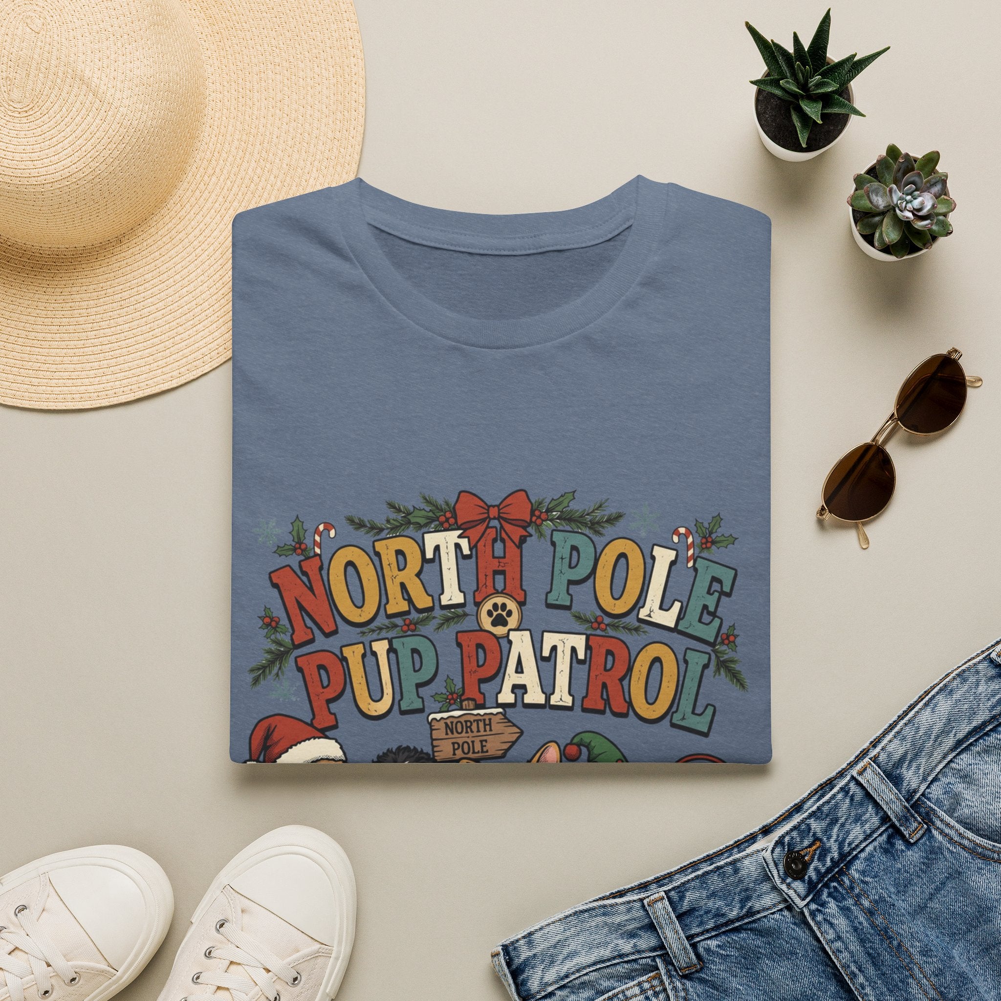North Pole Pup Patrol Christmas Dogs print on a Heather Indigo t-shirt, folded beside a straw hat and jeans